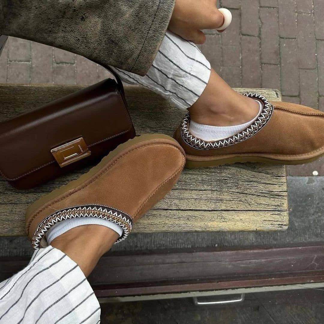 Brown suede slippers with patterned trim for indoor wear Tasman Uggs Outfits 2027