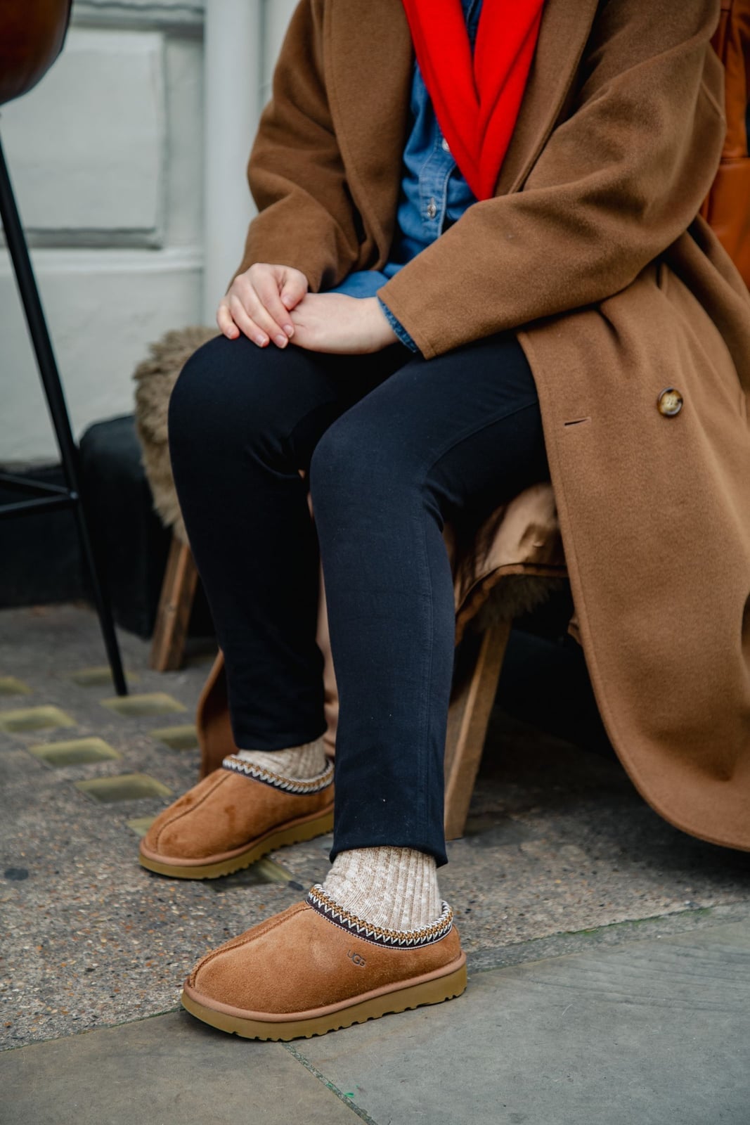 Brown wool coat and brown suede slippers with red scarf Brown wool coat and brown suede slippers with red scarf — Tasman Uggs Outfits 2027