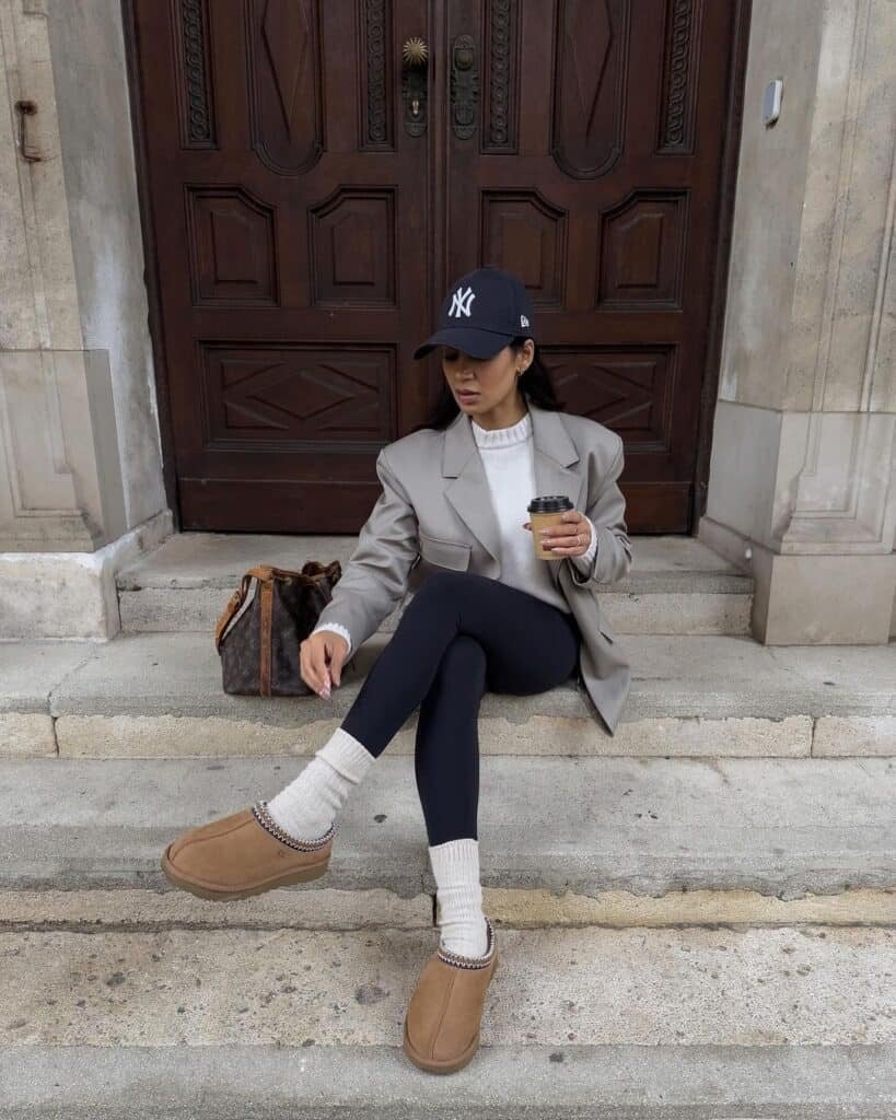 Gray blazer and tan slippers for casual chic Gray blazer and tan slippers for casual chic — Tasman Uggs Outfits 2027