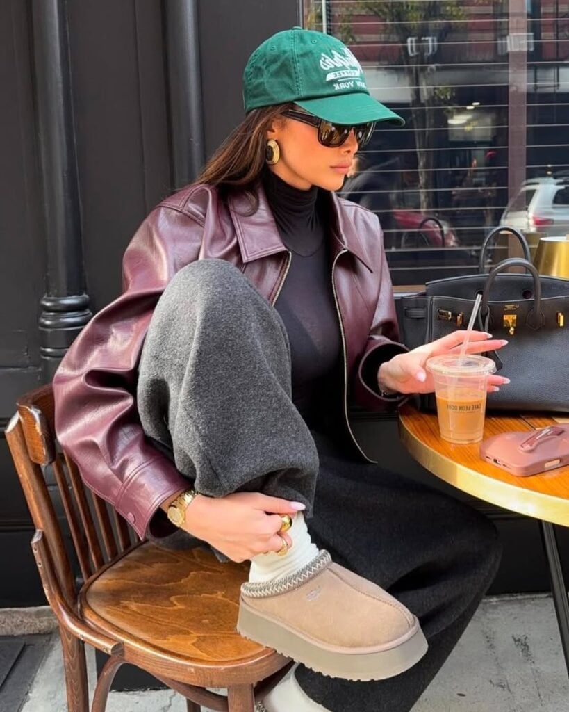 Burgundy leather jacket with taupe Ugg slippers Burgundy leather jacket with taupe Ugg slippers — Tasman Uggs Outfits 2027