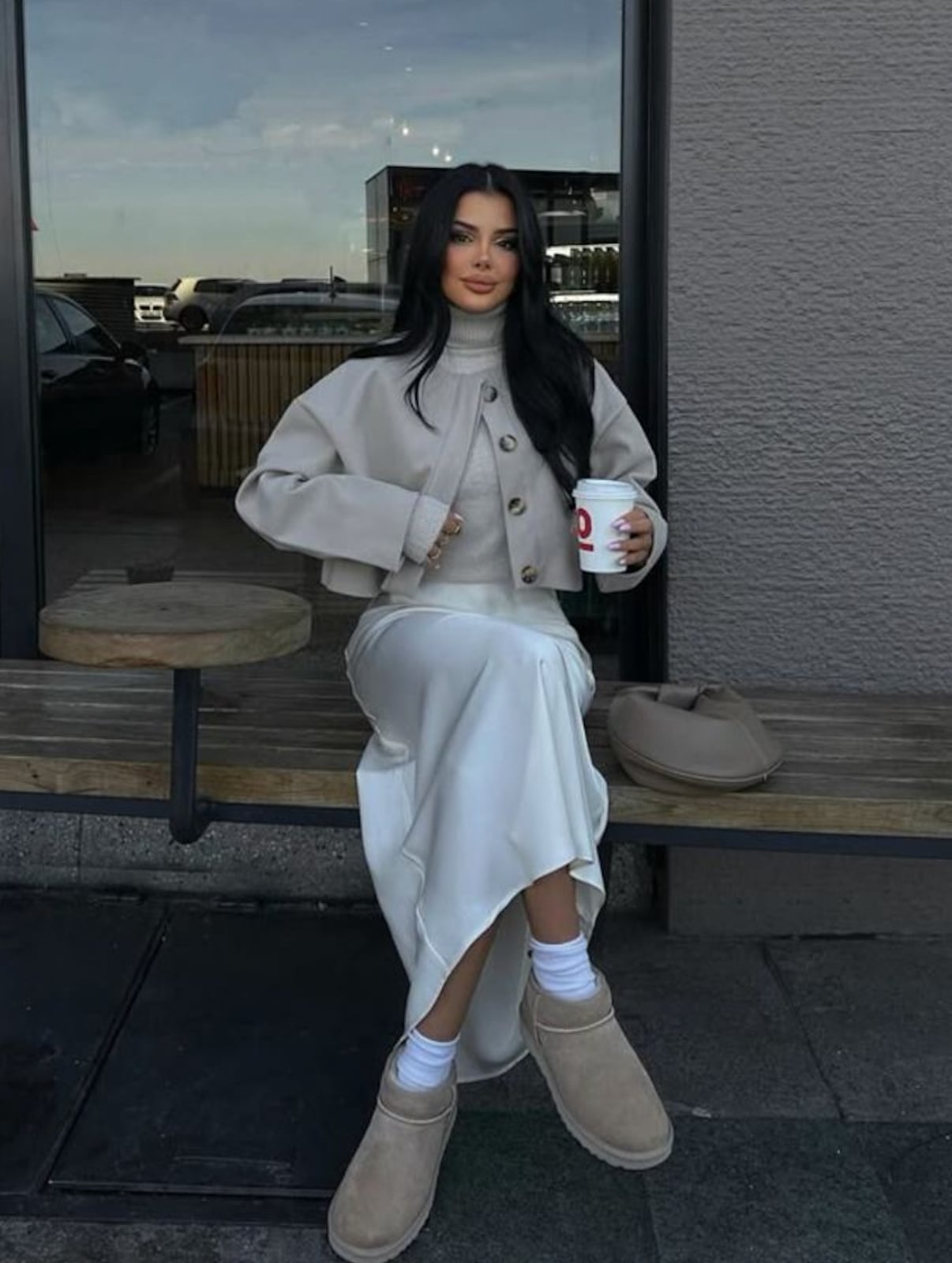 Gray cropped jacket with taupe Ugg slippers Gray cropped jacket with taupe Ugg slippers — Tasman Uggs Outfits 2027