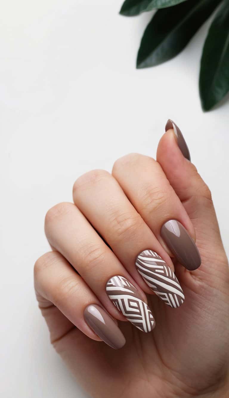 Medium Oval Taupe Nails with White Geometric Art Medium Oval Taupe Nails with White Geometric Art — Taupe Nails 2027