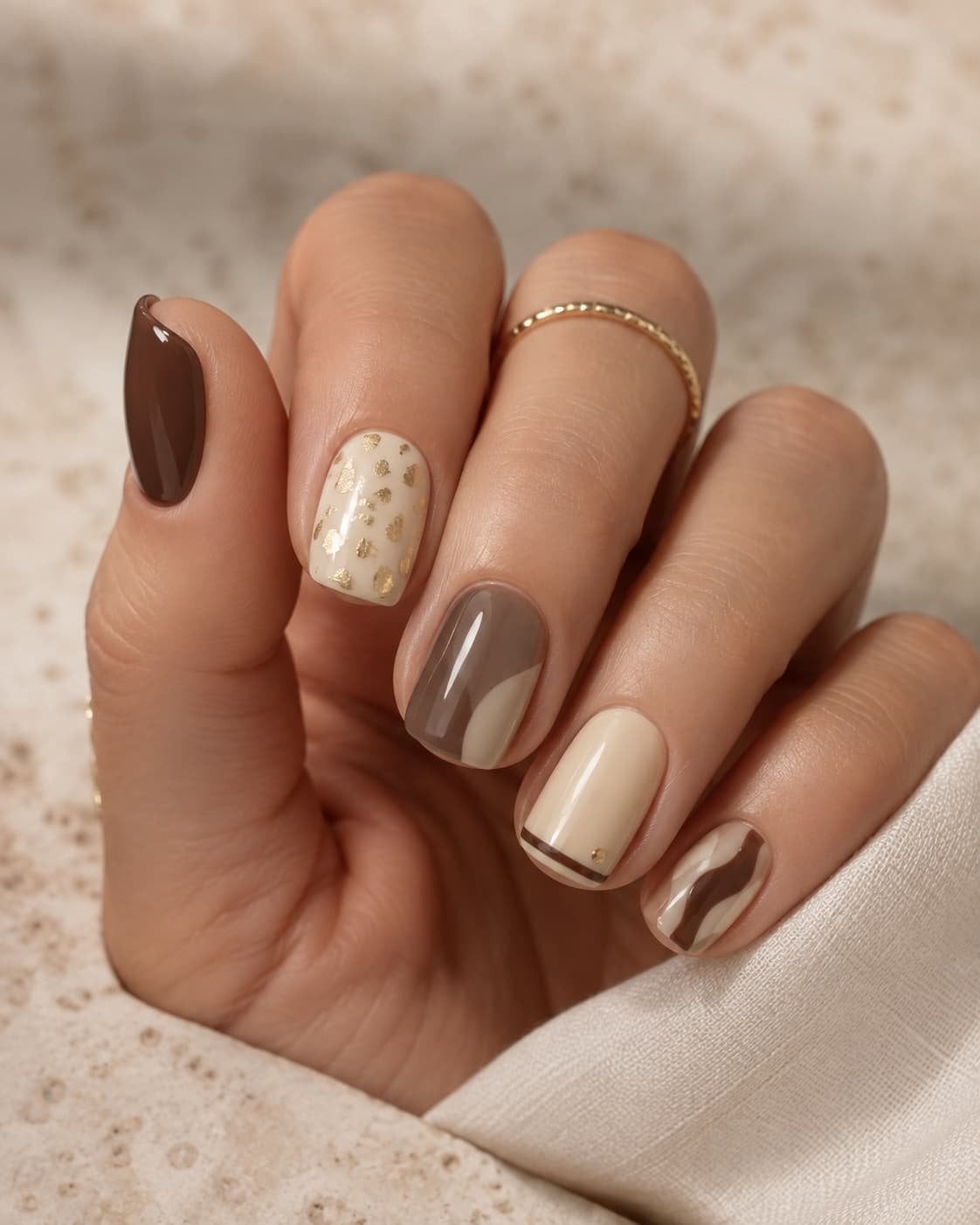 Short Square Taupe and Cream Color Block with Gold Foil Short Square Taupe and Cream Color Block with Gold Foil — Taupe Nails 2027