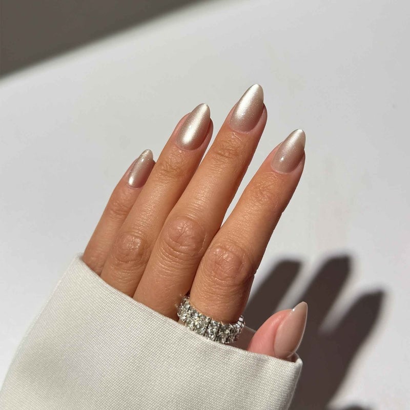 Long Stiletto Shimmer Chrome Taupe Polish Long Stiletto Shimmer Chrome Taupe Polish — Taupe Nails 2027