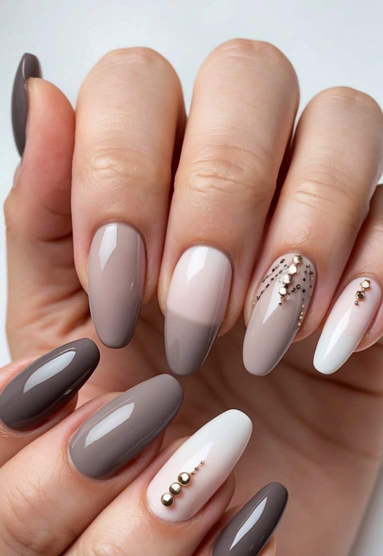 Medium Almond Taupe with Gold Embellishments Medium Almond Taupe with Gold Embellishments — Taupe Nails 2027