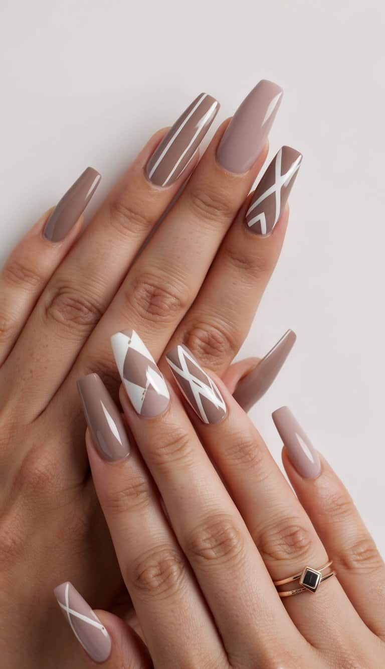 Long Coffin Taupe Nails with White Geometric Art Long Coffin Taupe Nails with White Geometric Art — Taupe Nails 2027