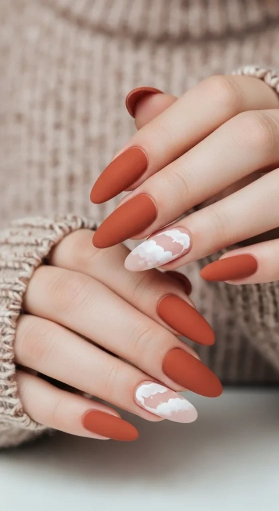 Cloudy White Art On Matte Terracotta, Almond Cloudy White Art On Matte Terracotta, Almond — Terracotta Nails 2027