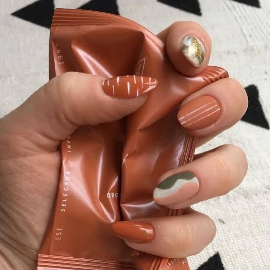Terracotta With Abstract White Green Gold Art Terracotta With Abstract White Green Gold Art — Terracotta Nails 2027