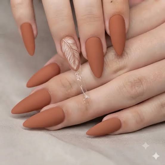 Stiletto Matte Terracotta With Feather Art Stiletto Matte Terracotta With Feather Art — Terracotta Nails 2027