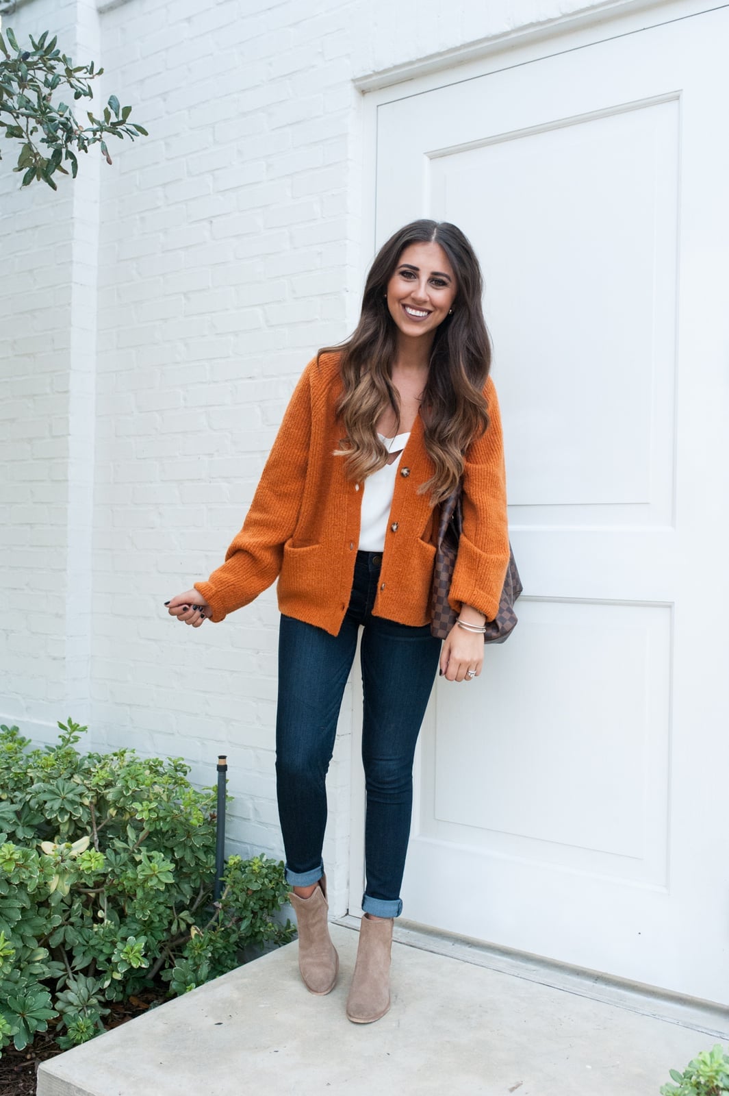 Orange Knit Cardigan and Blue Jeans Orange Knit Cardigan and Blue Jeans — Thanksgiving Dinner Outfits 2026