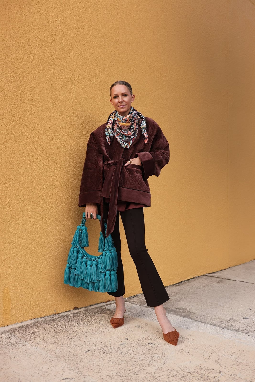 Black Flared Pants and Velvet Kimono Black Flared Pants and Velvet Kimono — Thanksgiving Dinner Outfits 2026