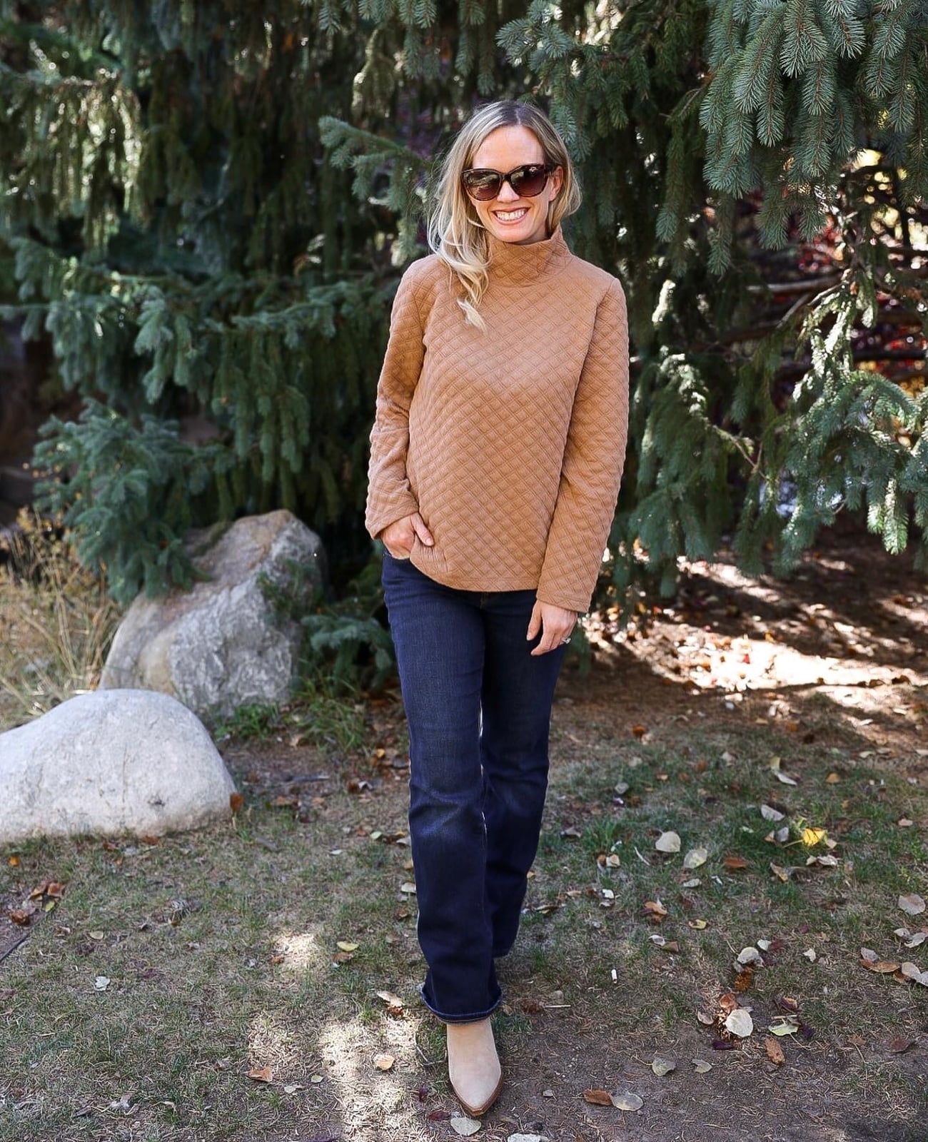 Tan Quilted Knit Sweater and Straight Leg Jeans Tan Quilted Knit Sweater and Straight Leg Jeans — Thanksgiving Dinner Outfits 2026