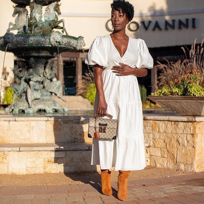 Tiered White Midi Dress with Suede Boots Tiered White Midi Dress with Suede Boots — Thanksgiving Dinner Outfits 2026