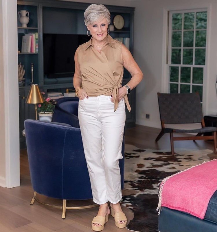 Tan Wrap Top and White Straight Leg Jeans Tan Wrap Top and White Straight Leg Jeans — Thanksgiving Dinner Outfits 2026