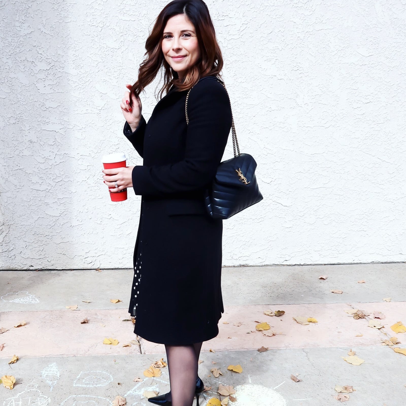 Black Wool Coat and Textured Skirt Black Wool Coat and Textured Skirt — Thanksgiving Dinner Outfits 2026