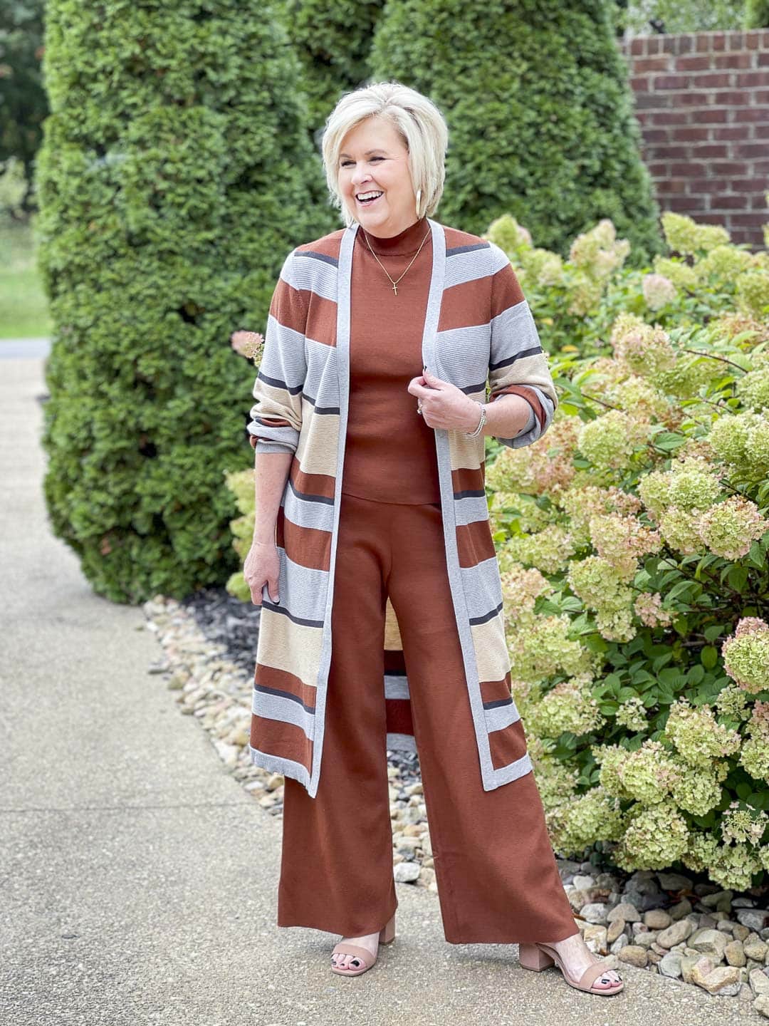 Striped Duster Cardigan and Brown Knit Set Striped Duster Cardigan and Brown Knit Set — Thanksgiving Dinner Outfits 2026
