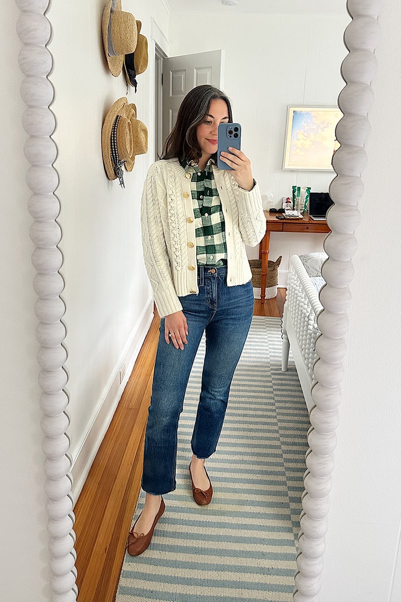 Cream Cable Knit Cardigan and Plaid Shirt Cream Cable Knit Cardigan and Plaid Shirt — Thanksgiving Dinner Outfits 2026