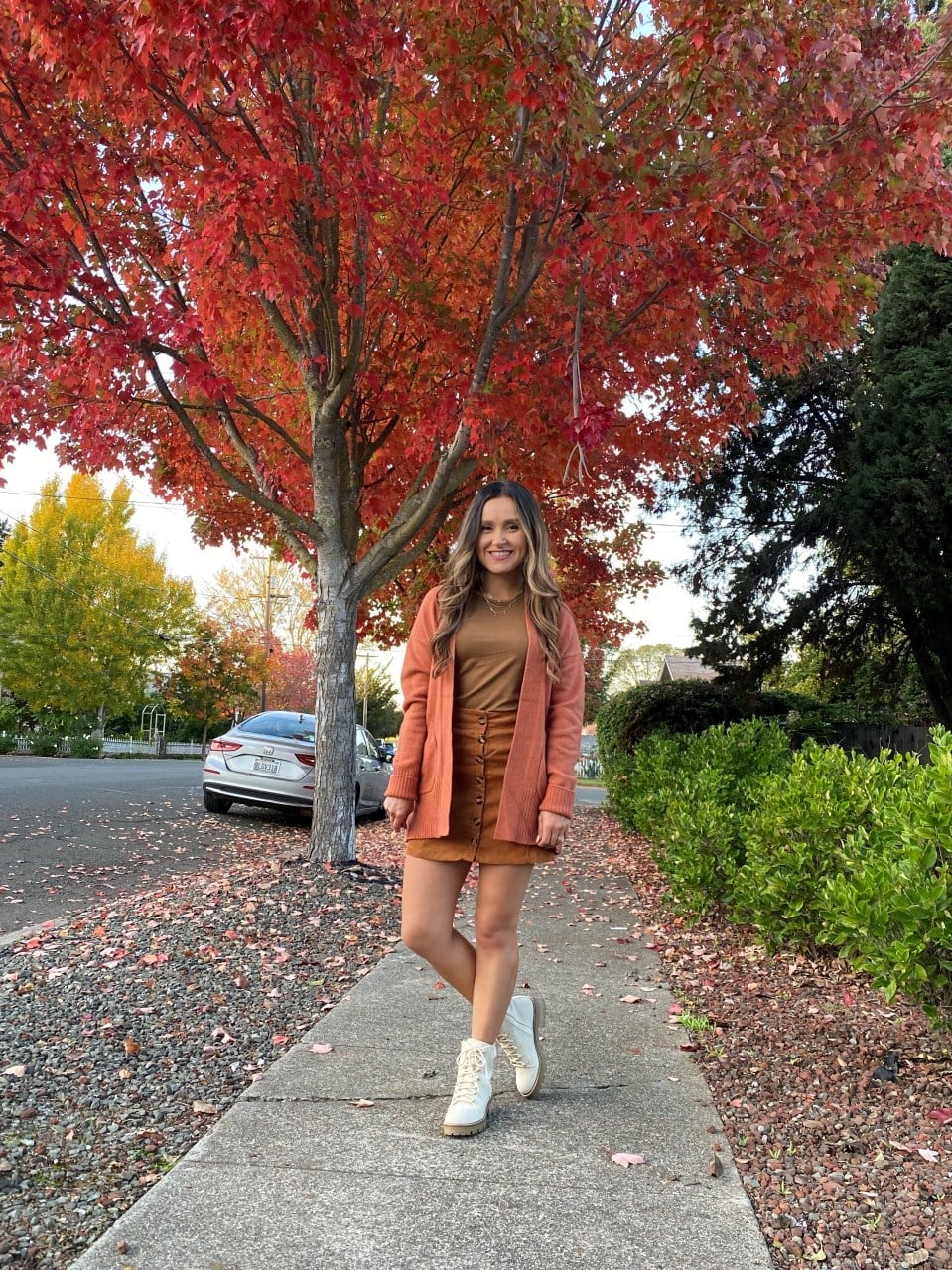 Rust Button Front Skirt and Cardigan Rust Button Front Skirt and Cardigan — Thanksgiving Dinner Outfits 2026