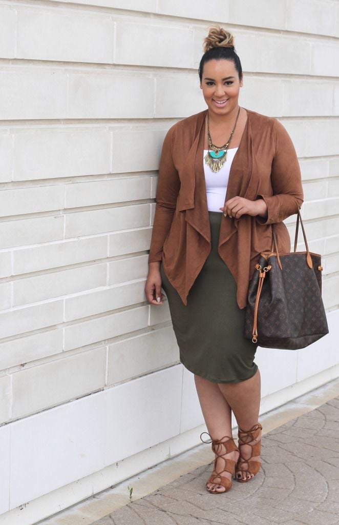 Olive Green Pencil Skirt and Waterfall Cardigan Olive Green Pencil Skirt and Waterfall Cardigan — Thanksgiving Dinner Outfits 2026