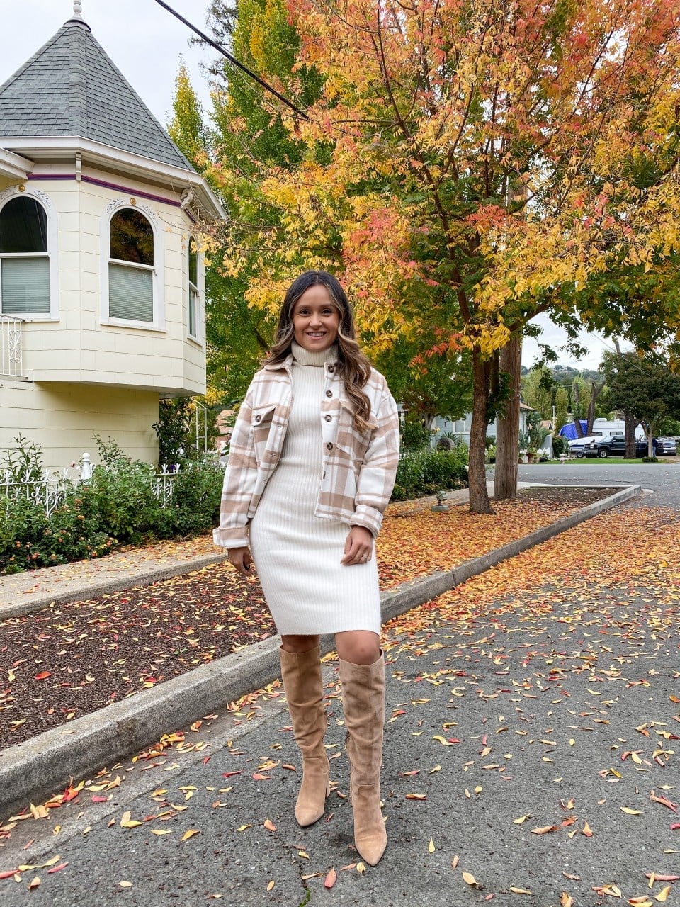 Cream Turtleneck Midi Dress and Plaid Shacket Cream Turtleneck Midi Dress and Plaid Shacket — Thanksgiving Dinner Outfits 2026