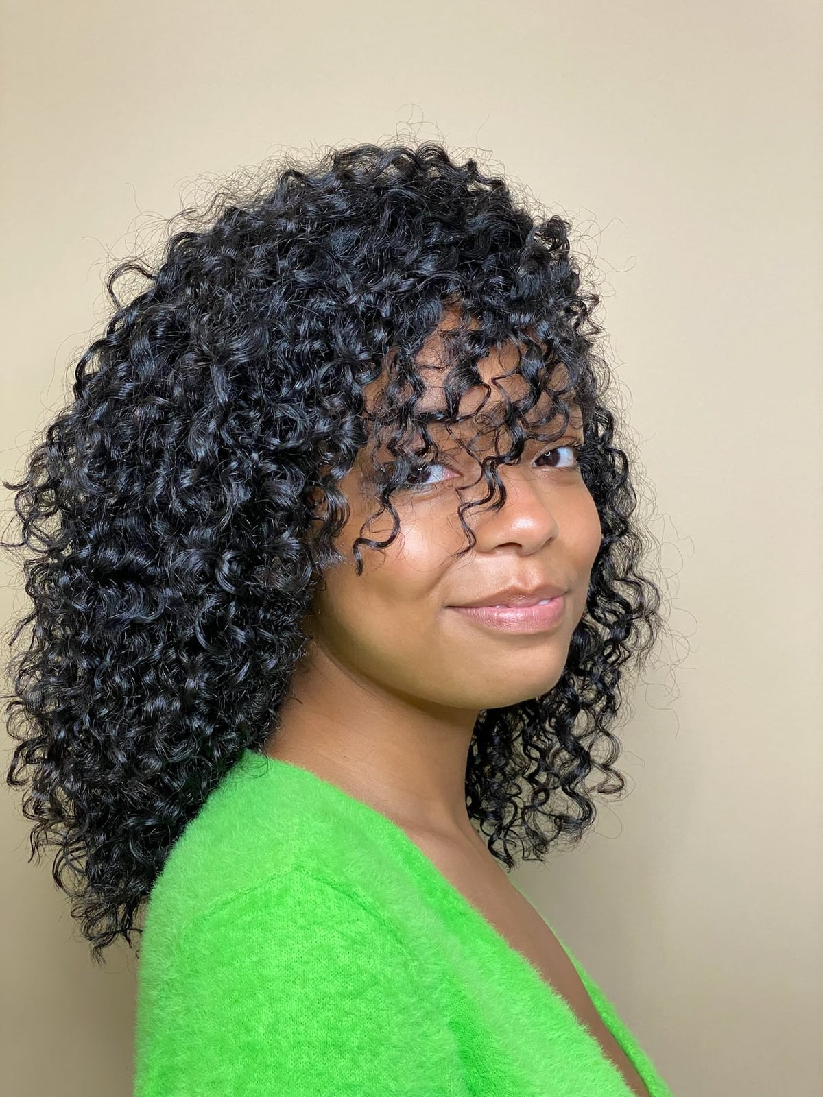 Shoulder Length Black Curls With Curly Bangs Shoulder Length Black Curls With Curly Bangs — Tight Curls 2027