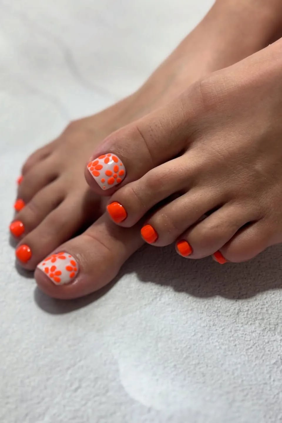 Orange Floral Pattern Glossy Short Square Toes — Toe Nails 2027 for Pale Skin