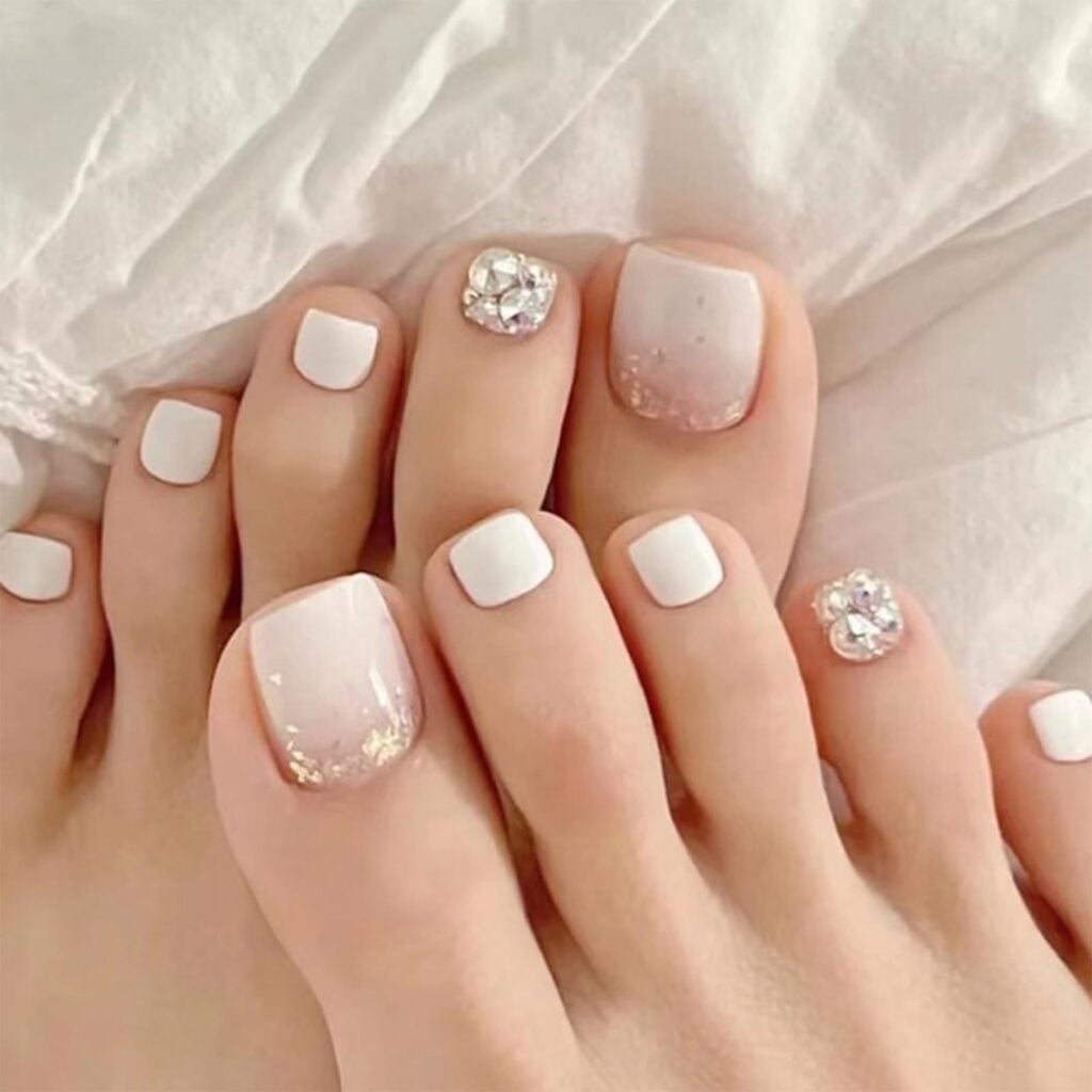 White Nude Glitter Rhinestone Short Square Toes — Toe Nails 2027 for Pale Skin