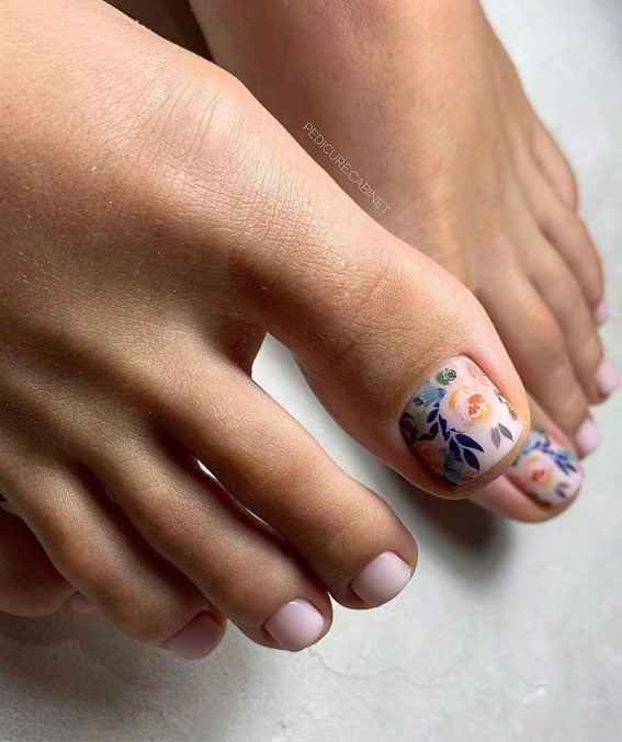 Nude Pink Floral Art Glossy Short Square Toes, Everyday Version — Toe Nails 2027 for Pale Skin