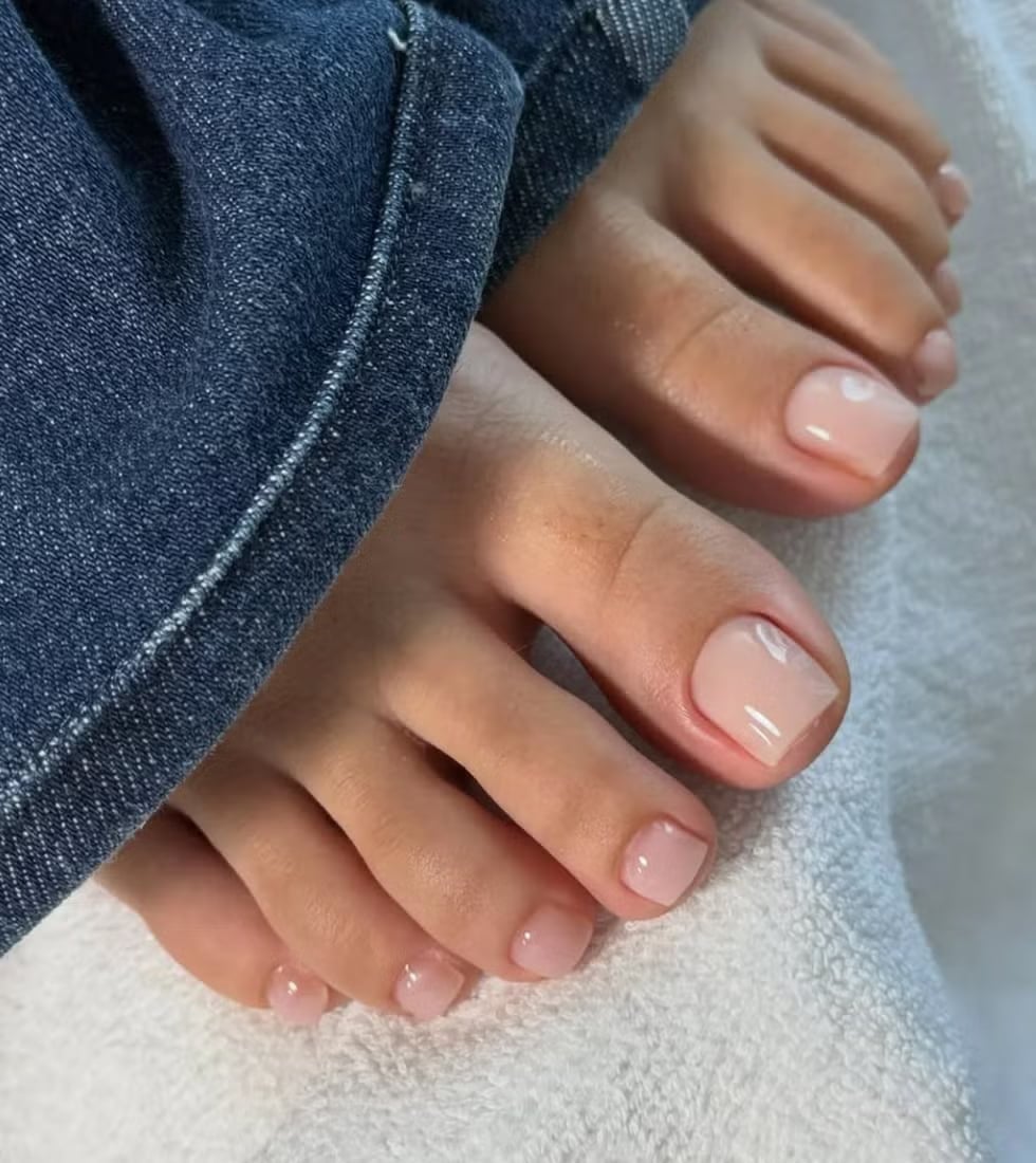 Sheer Milky Pink Nude Glossy Short Square Toes, Textured Towel — Toe Nails 2027 for Pale Skin