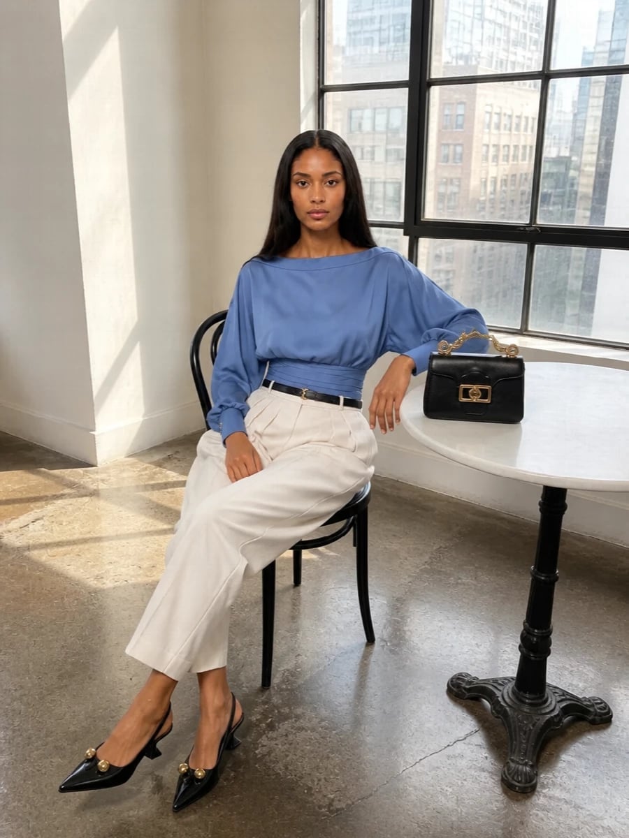 Ivory Straight Leg Trousers With Blue Silk Blouse Ivory Straight Leg Trousers With Blue Silk Blouse — Trousers Outfits 2027 with Blouse