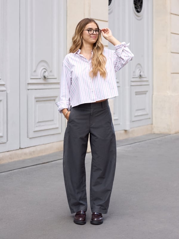 Gray Barrel Leg Trousers With Striped Button Down Shirt Gray Barrel Leg Trousers With Striped Button Down Shirt — Trousers Outfits 2027 with Blouse
