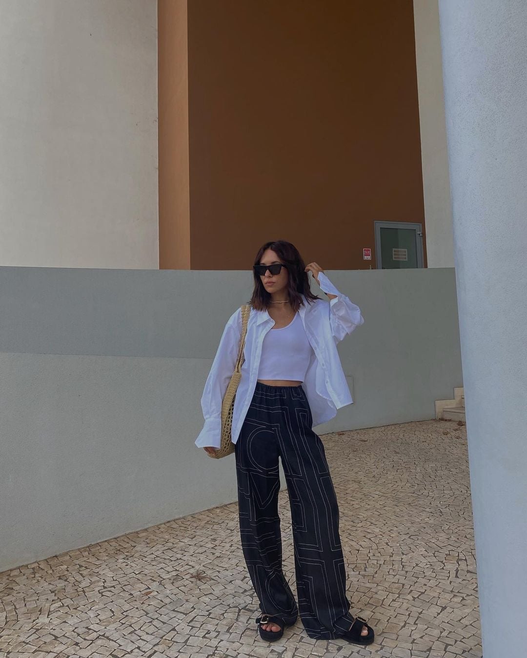 Black Wide Leg Trousers With White Tank And Oversized Shirt Black Wide Leg Trousers With White Tank And Oversized Shirt — Trousers Outfits 2027 with Blouse