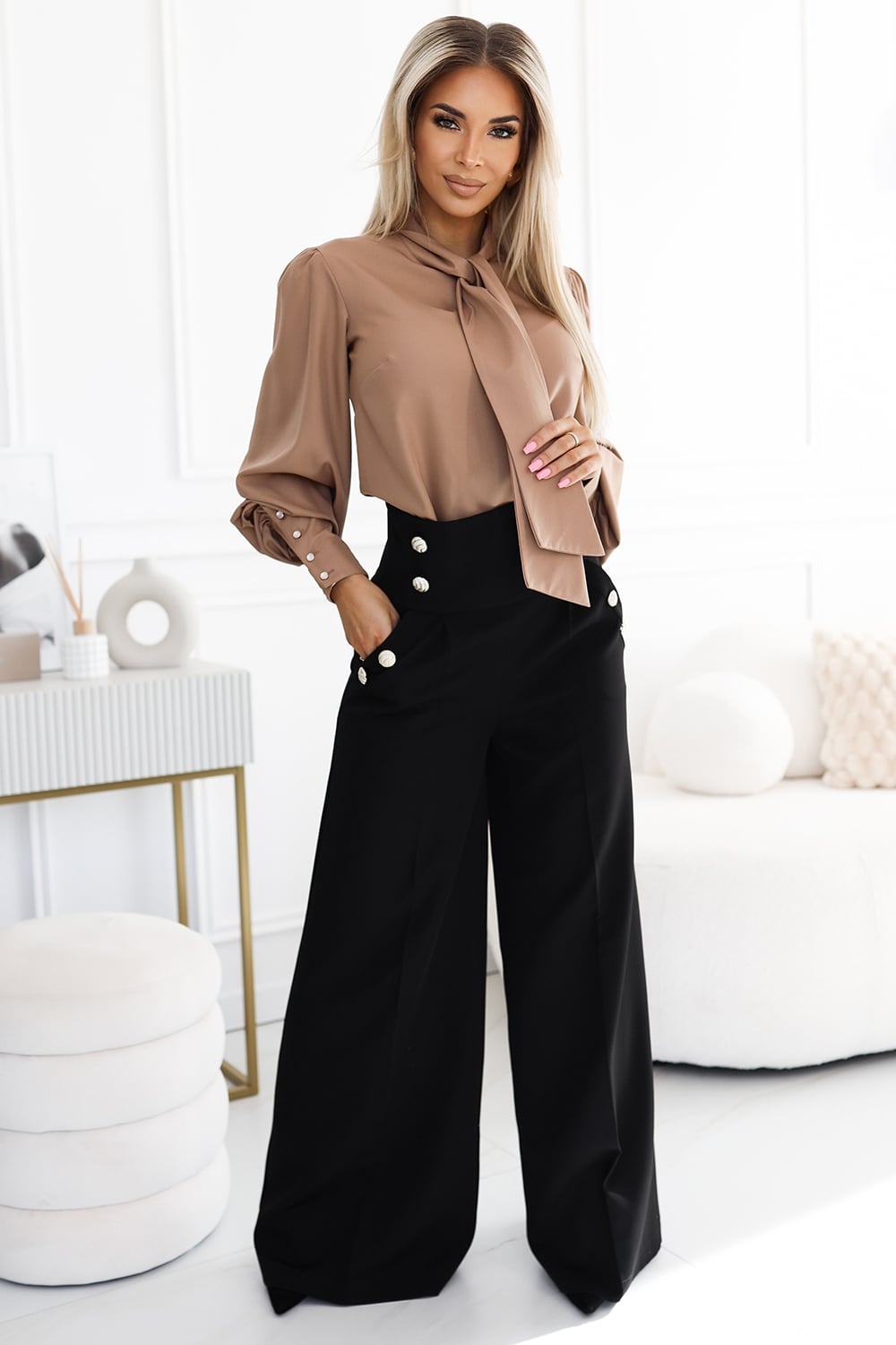 Black Wide Leg Trousers With Gold Button Detail, Office-Safe Version Black Wide Leg Trousers With Gold Button Detail, Office-Safe Version — Trousers Outfits 2027 with Blouse