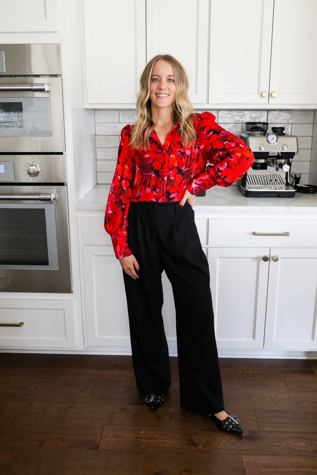Wide Leg Black Trousers With Floral Print Blouse, Office-Safe Version Wide Leg Black Trousers With Floral Print Blouse, Office-Safe Version — Trousers Outfits 2027 with Blouse