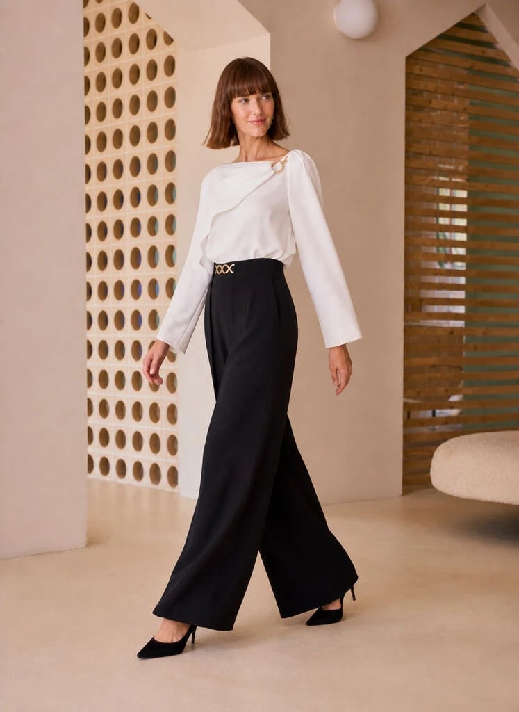 Black Crepe Wide Leg Trousers With White Silk Draped Blouse Black Crepe Wide Leg Trousers With White Silk Draped Blouse — Trousers Outfits 2027 with Blouse