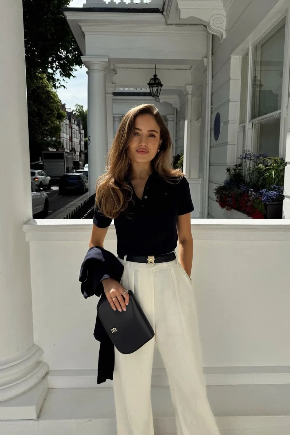 White Wide Leg Linen Trousers With Black Polo, Office-Safe Version White Wide Leg Linen Trousers With Black Polo, Office-Safe Version — Trousers Outfits 2027 with Blouse
