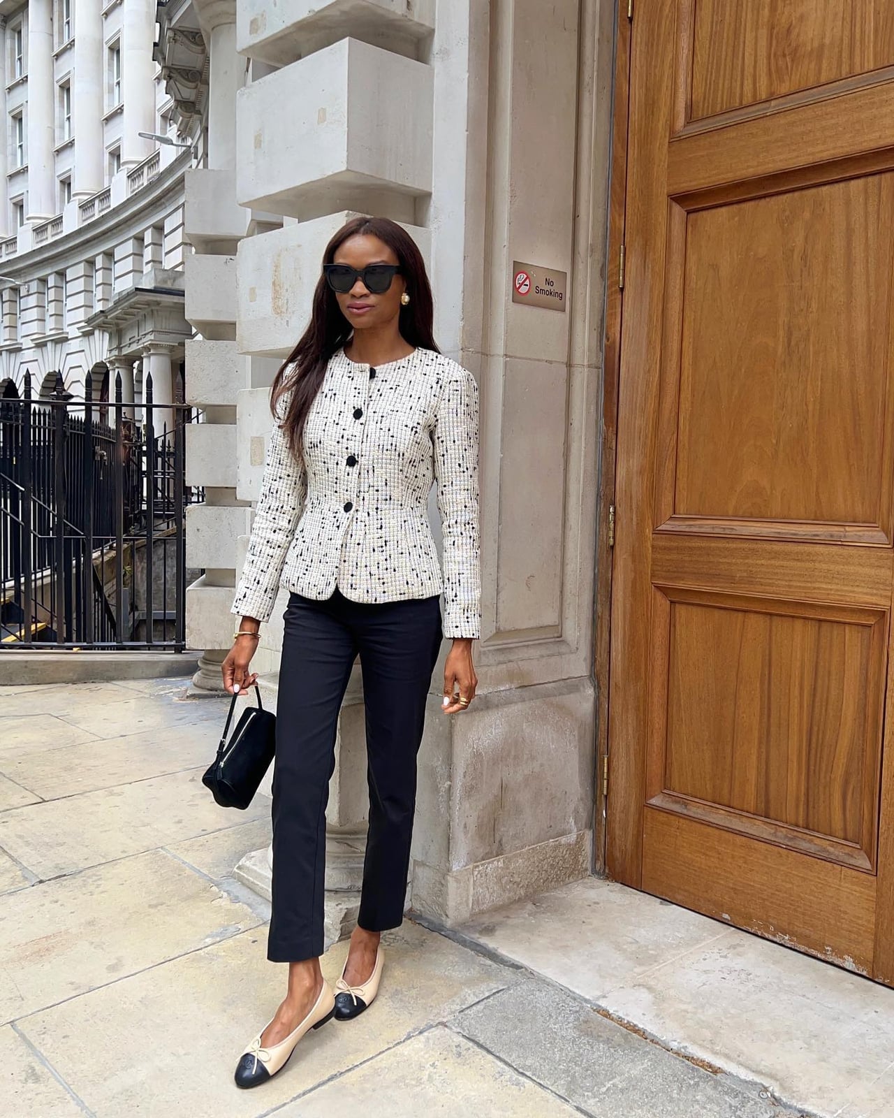 Black Slim Leg Trousers With Cream And Black Tweed, Close-Up Take Black Slim Leg Trousers With Cream And Black Tweed, Close-Up Take — Trousers Outfits 2027 with Blouse