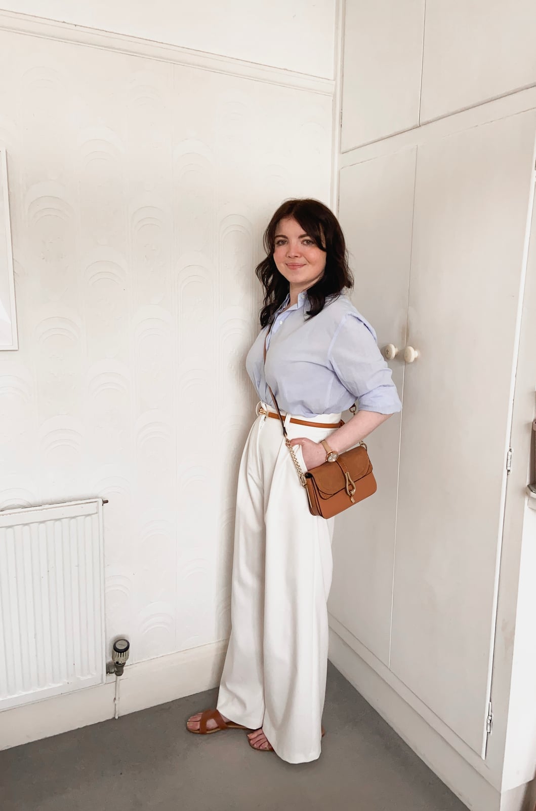 White Wide Leg Trousers With Light Blue Button, Office-Safe Version White Wide Leg Trousers With Light Blue Button, Office-Safe Version — Trousers Outfits 2027 with Blouse