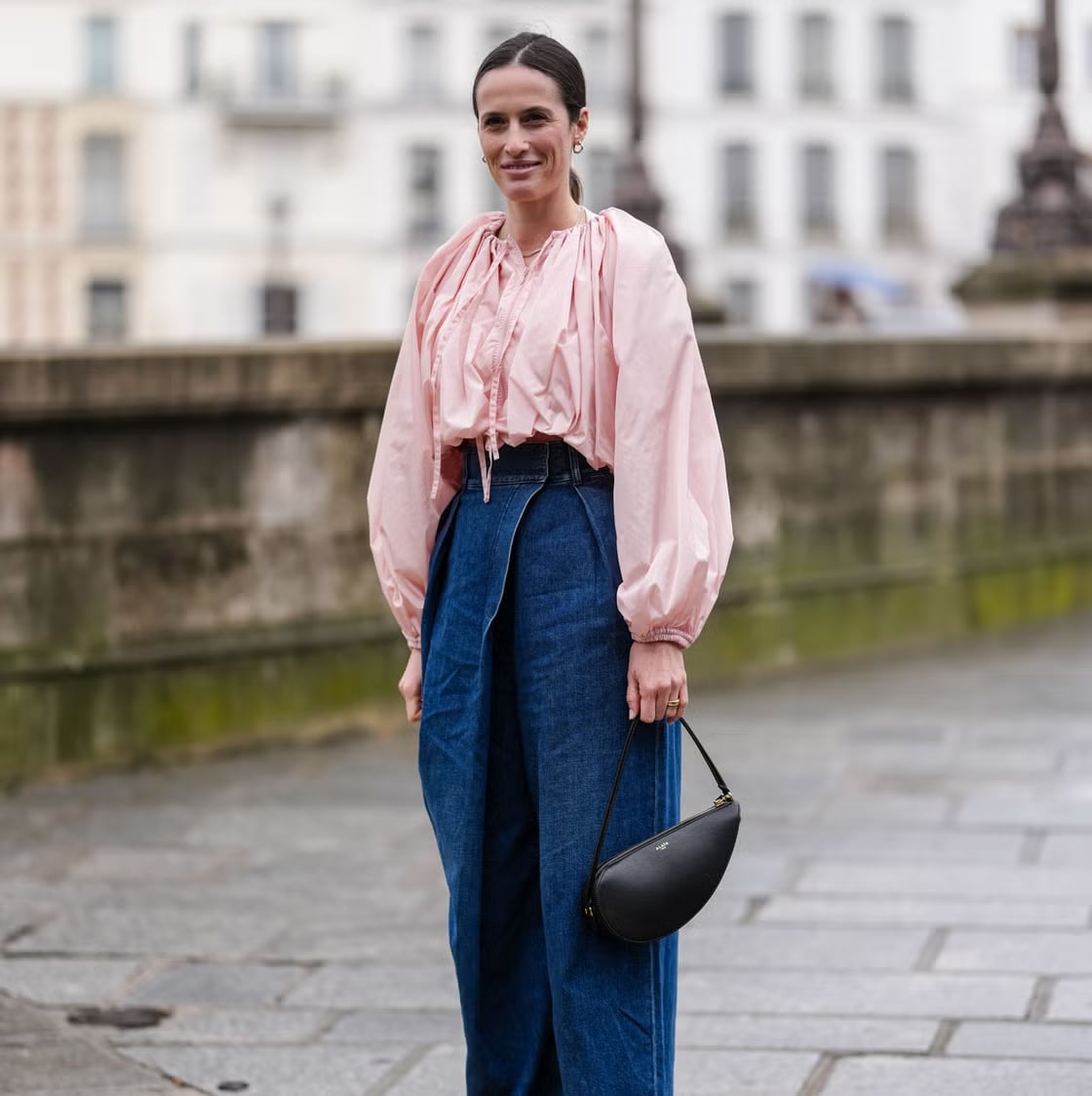 Blue Denim Wide Leg Trousers With Pink Voluminous Blouse Blue Denim Wide Leg Trousers With Pink Voluminous Blouse — Trousers Outfits 2027 with Blouse
