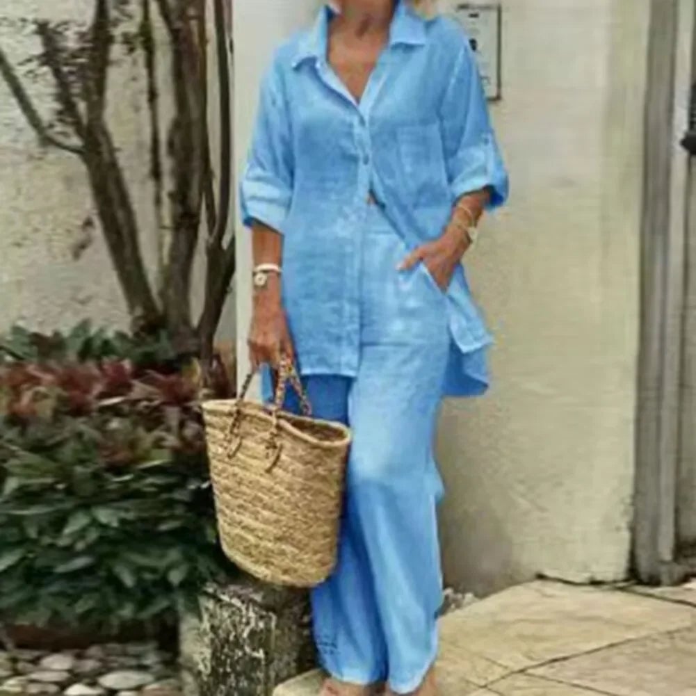 Blue Linen Blend Wide Leg Trousers With Matching Button Down Shirt Blue Linen Blend Wide Leg Trousers With Matching Button Down Shirt — Trousers Outfits 2027 with Blouse