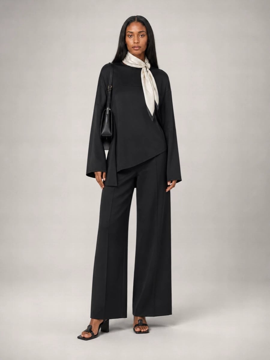 Black Wide Leg Trousers With Asymmetrical Top And Scarf Black Wide Leg Trousers With Asymmetrical Top And Scarf — Trousers Outfits 2027 with Blouse