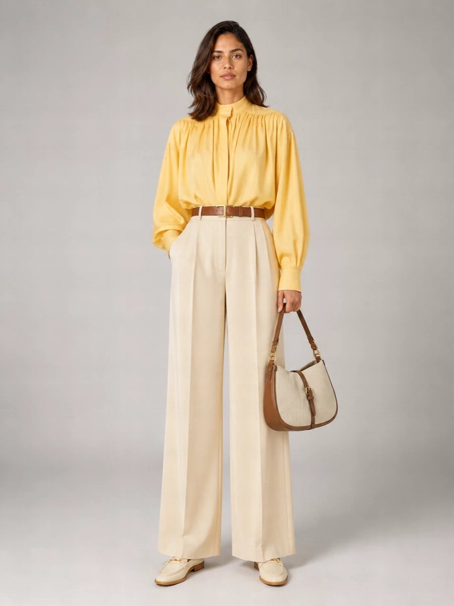Cream Wide Leg Trousers With Bright Yellow High Neck Blouse Cream Wide Leg Trousers With Bright Yellow High Neck Blouse — Trousers Outfits 2027 with Blouse