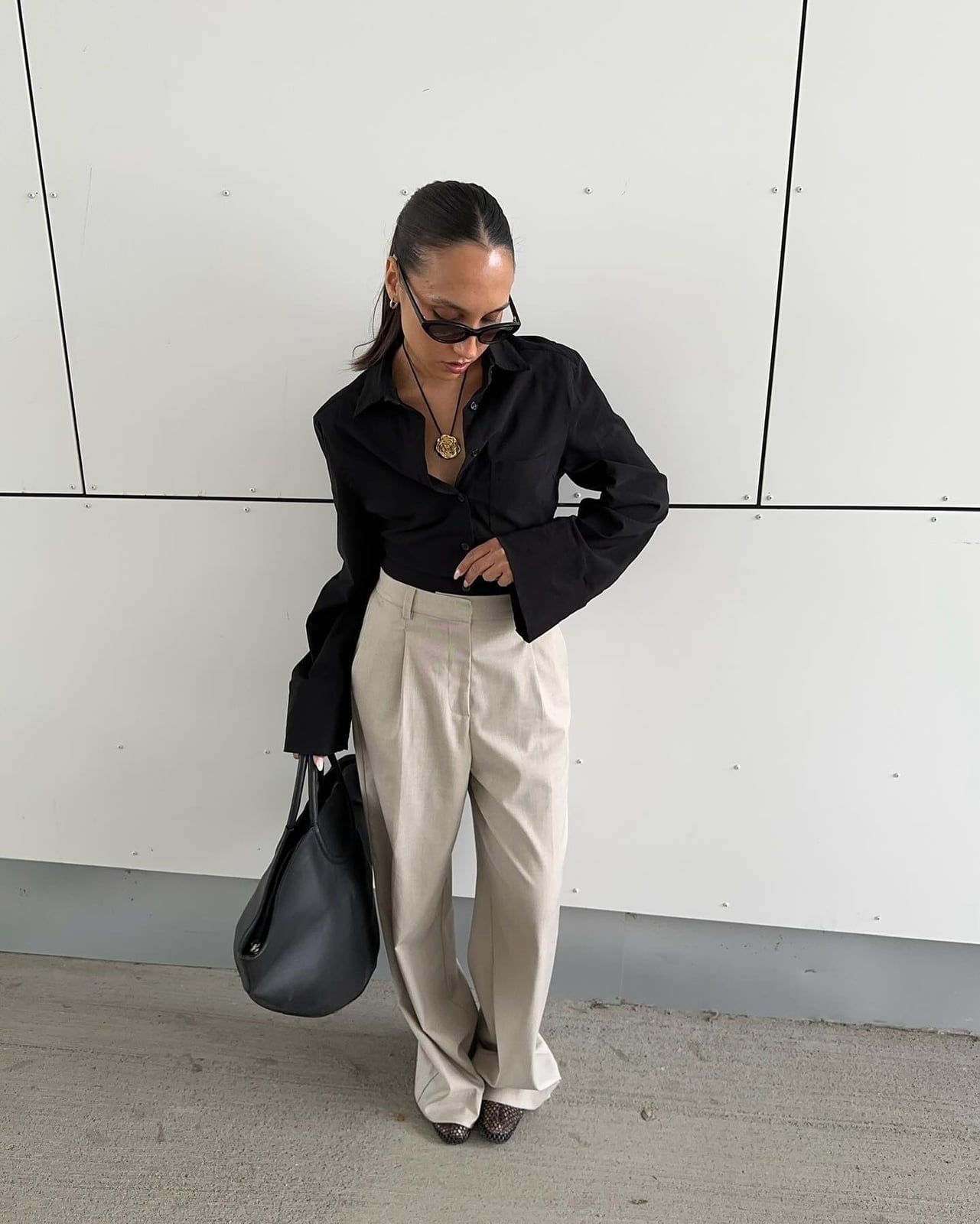Beige Wide Leg Trousers With Oversized Bell Sleeve Shirt Beige Wide Leg Trousers With Oversized Bell Sleeve Shirt — Trousers Outfits 2027 with Blouse