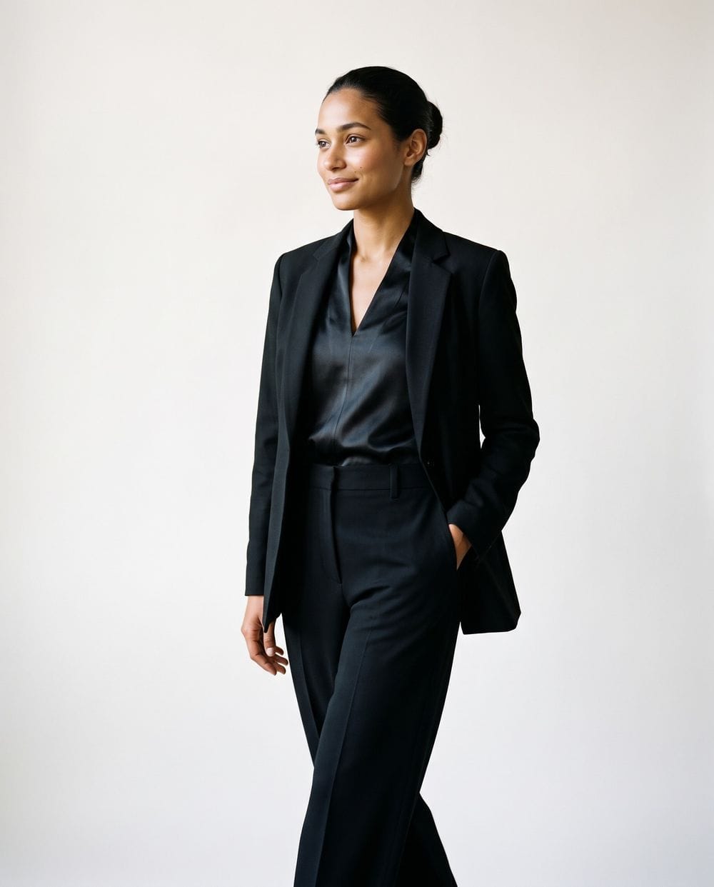 Black Straight Leg Trousers With Satin V Neck Blouse And Suit Jacket Black Straight Leg Trousers With Satin V Neck Blouse And Suit Jacket — Trousers Outfits 2027 with Blouse