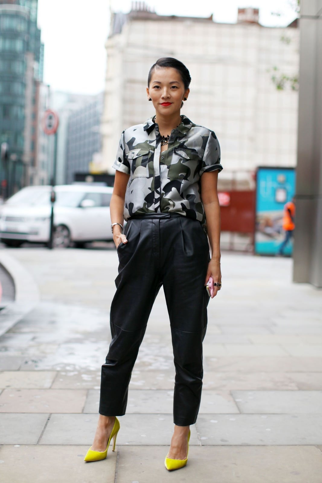 Black Faux Leather Straight Leg Trousers With Camouflage Shirt Black Faux Leather Straight Leg Trousers With Camouflage Shirt — Trousers Outfits 2027 with Blouse