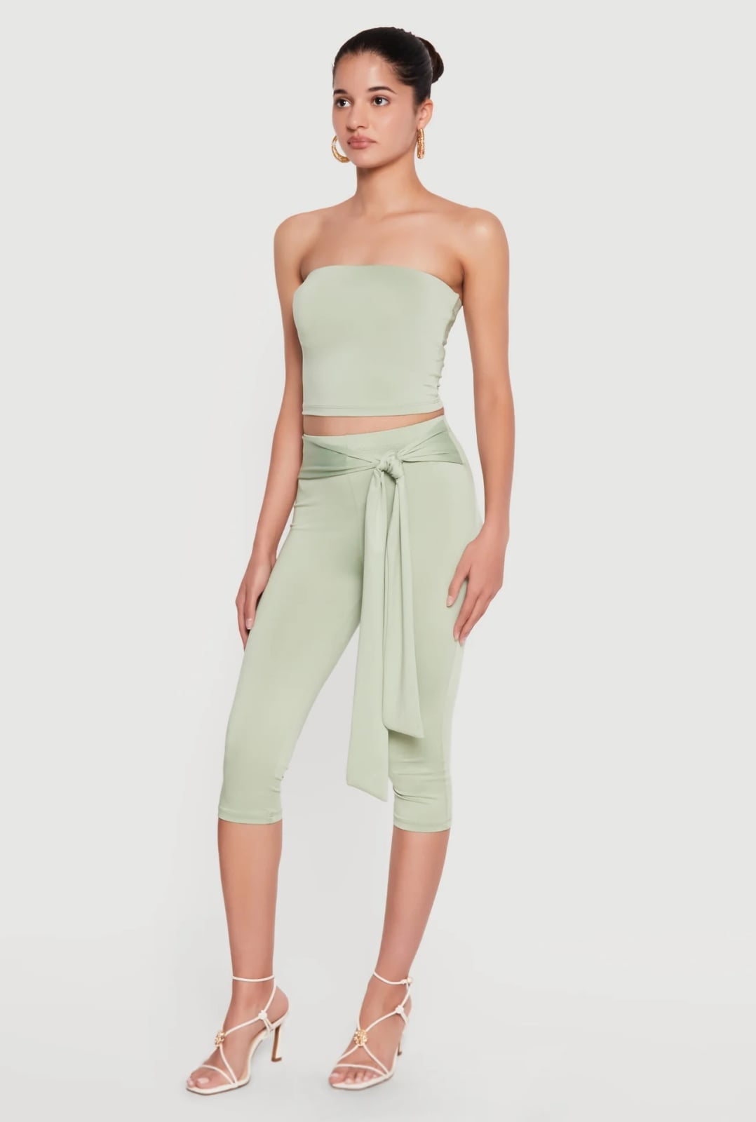 Sage Green Jersey Top With Tie Waist Leggings Sage Green Jersey Top With Tie Waist Leggings — Tube Crop Top Outfits 2027