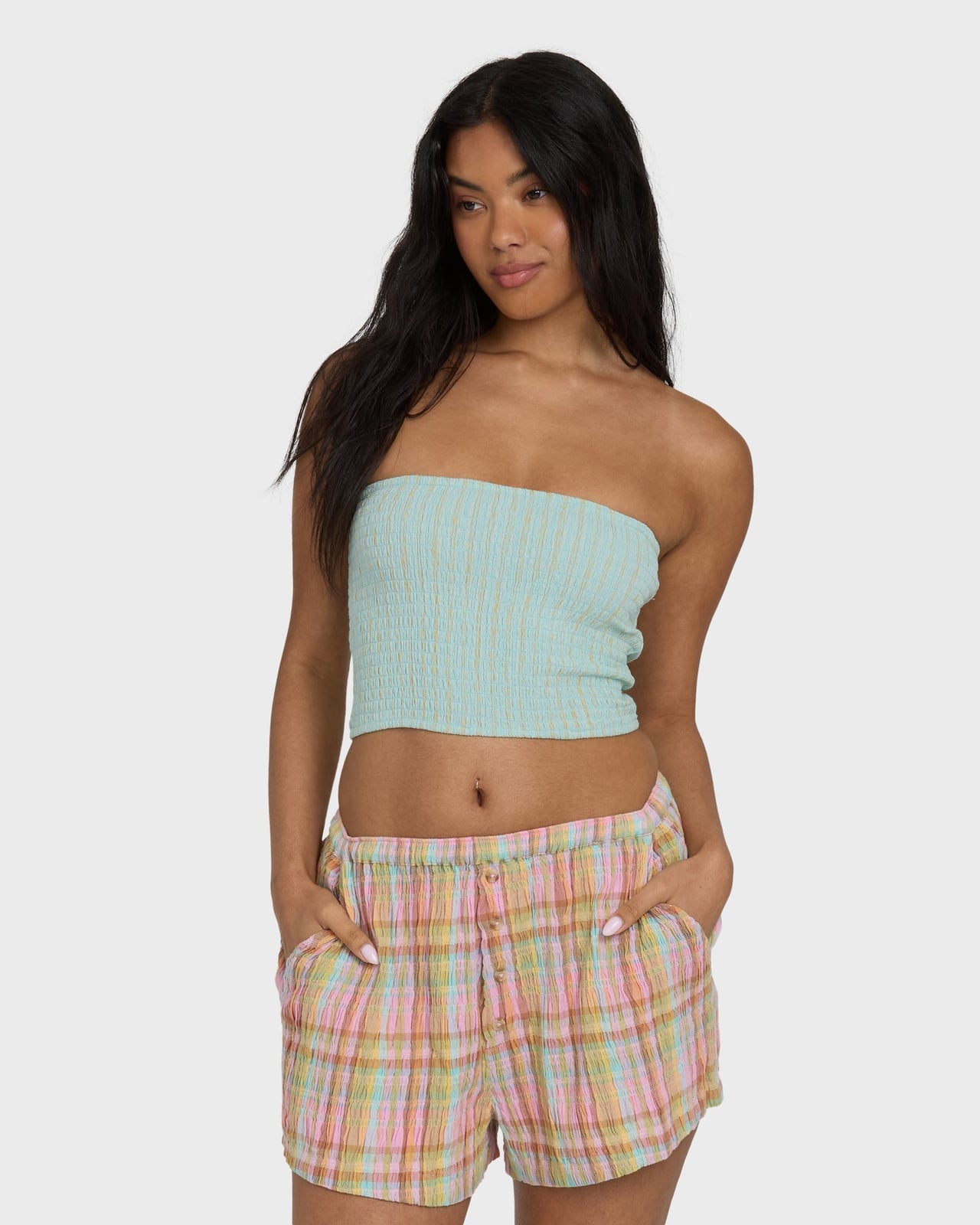 Mint Green Smocked Top With Plaid Shorts Mint Green Smocked Top With Plaid Shorts — Tube Crop Top Outfits 2027