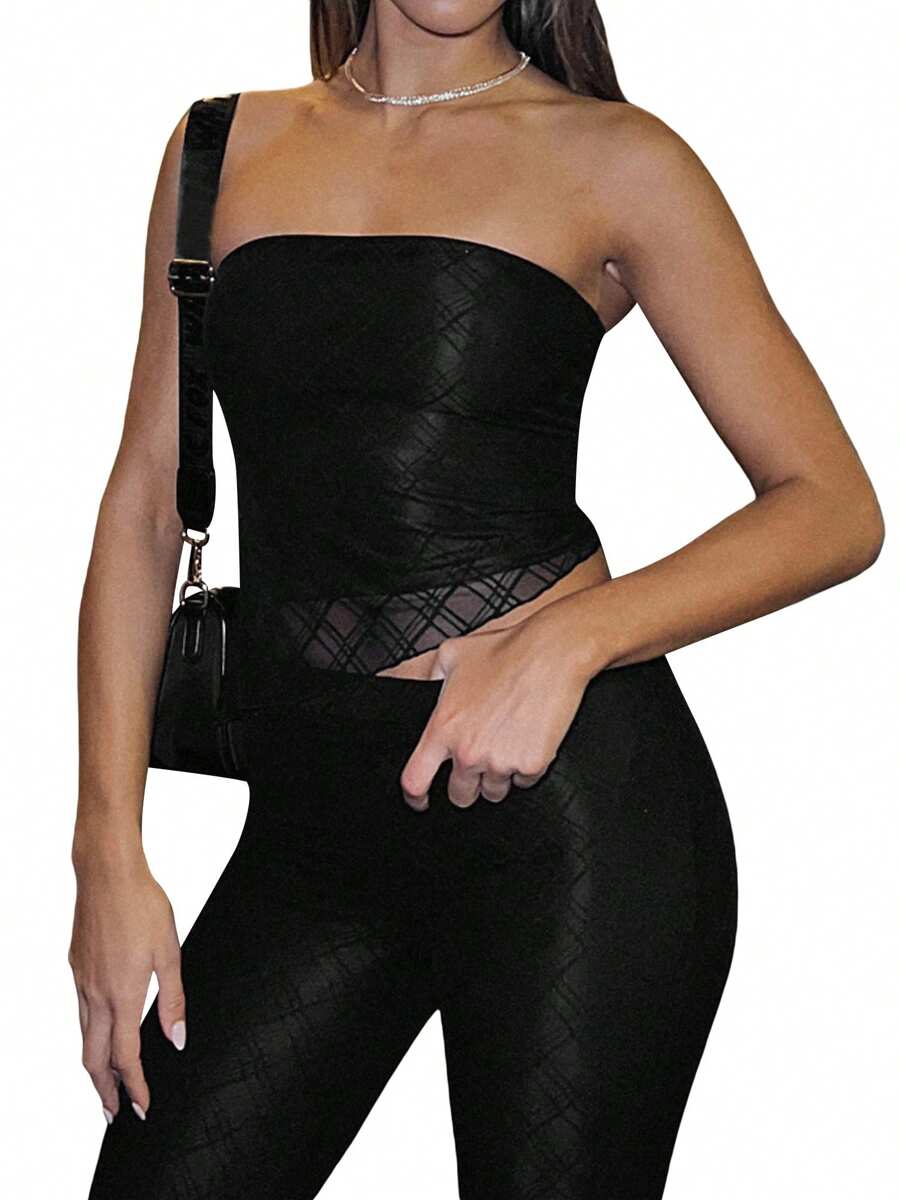 Patterned Mesh Overlay Tube Top With Leggings Patterned Mesh Overlay Tube Top With Leggings — Tube Crop Top Outfits 2027