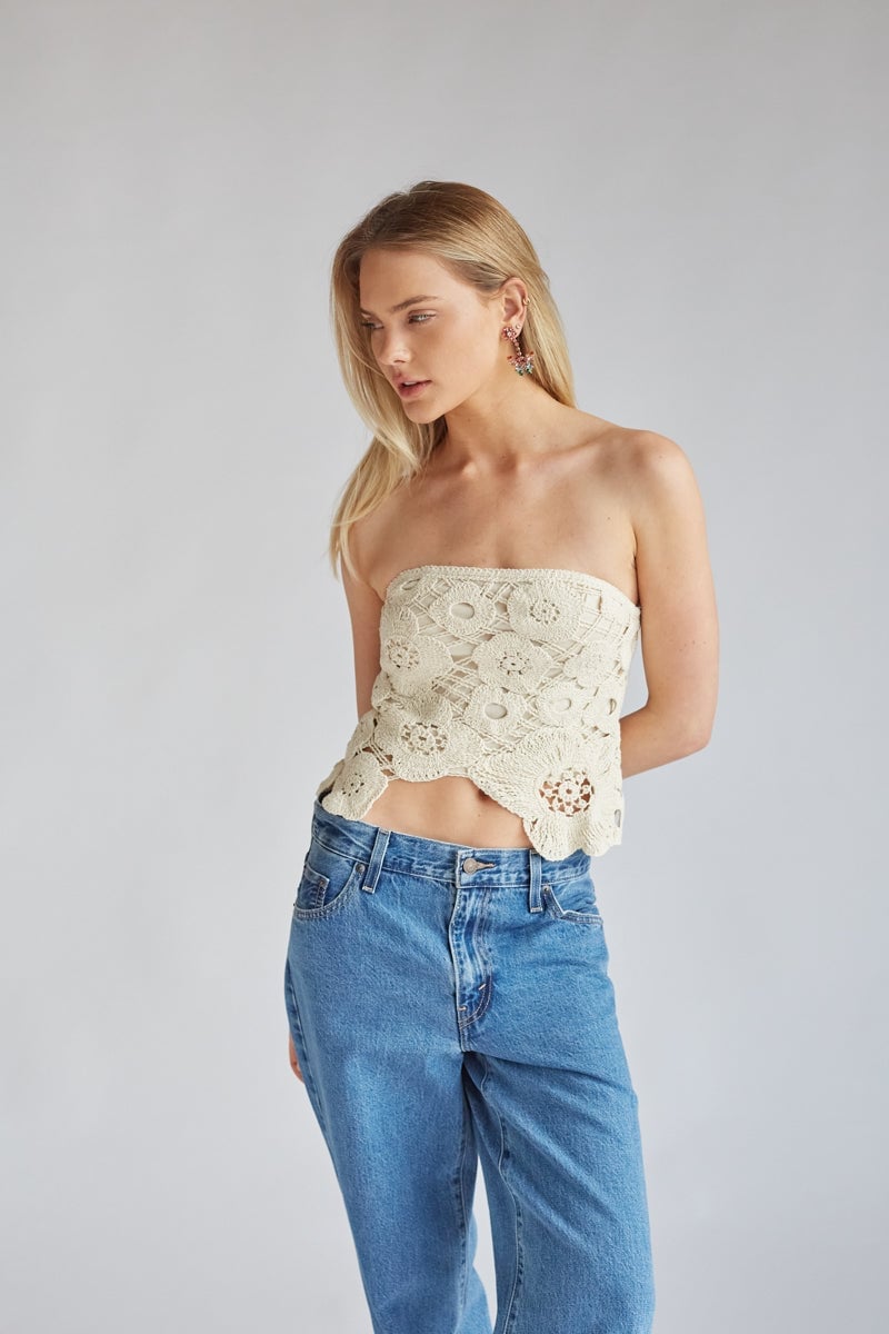 Cream Crochet Lace Floral Top With Jeans Cream Crochet Lace Floral Top With Jeans — Tube Crop Top Outfits 2027
