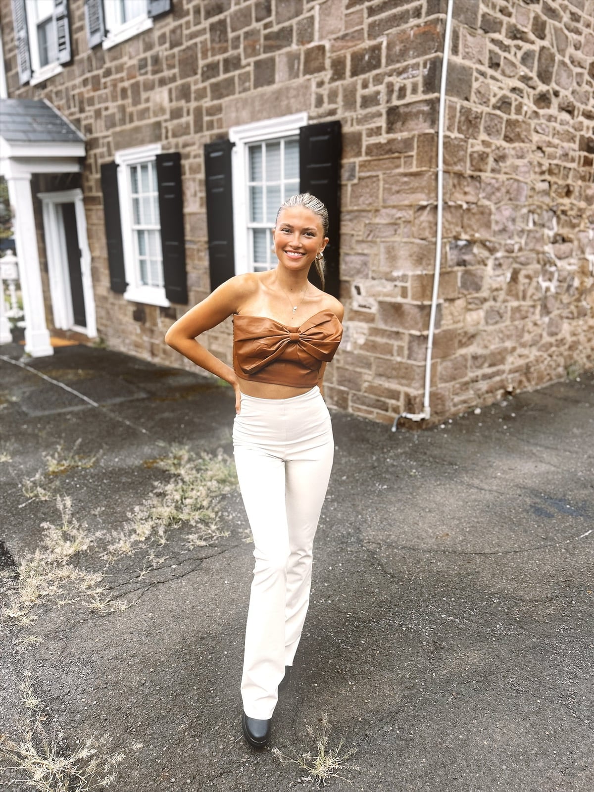Brown Bow Tube Top With Flared Pants Brown Bow Tube Top With Flared Pants — Tube Crop Top Outfits 2027